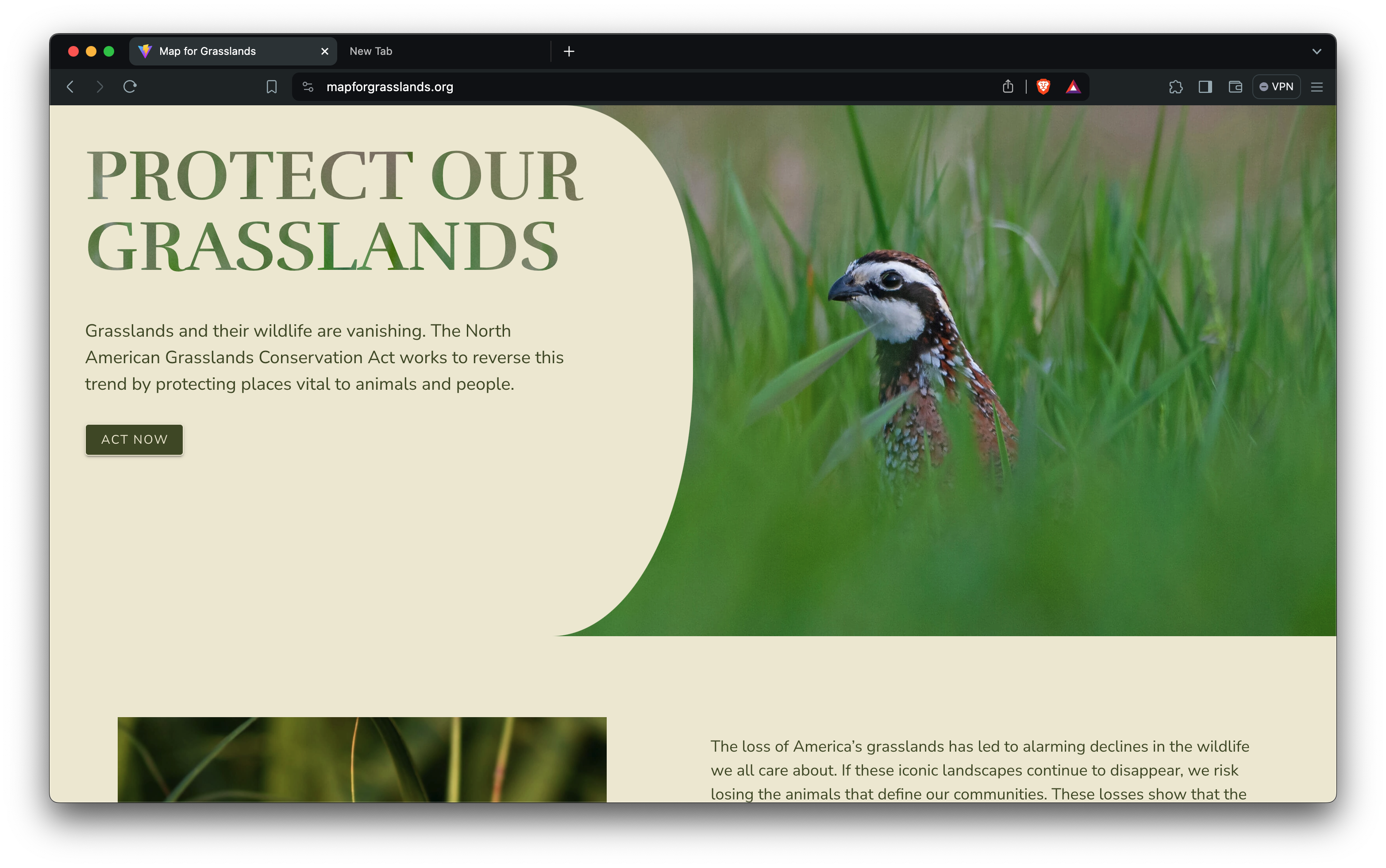 Screenshot of the banner of the grasslands site with an image of a northern bobwhite in tall grasses.